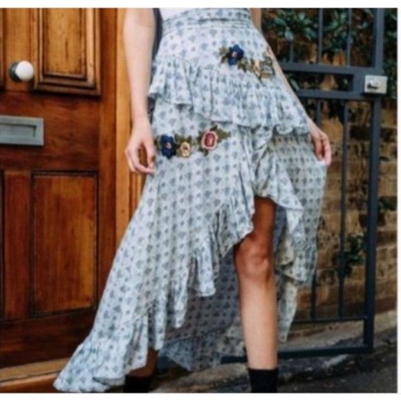 Jaase Skirts Jaase M Boho Embroidered Ruffled Hi Lo Skirt Festival